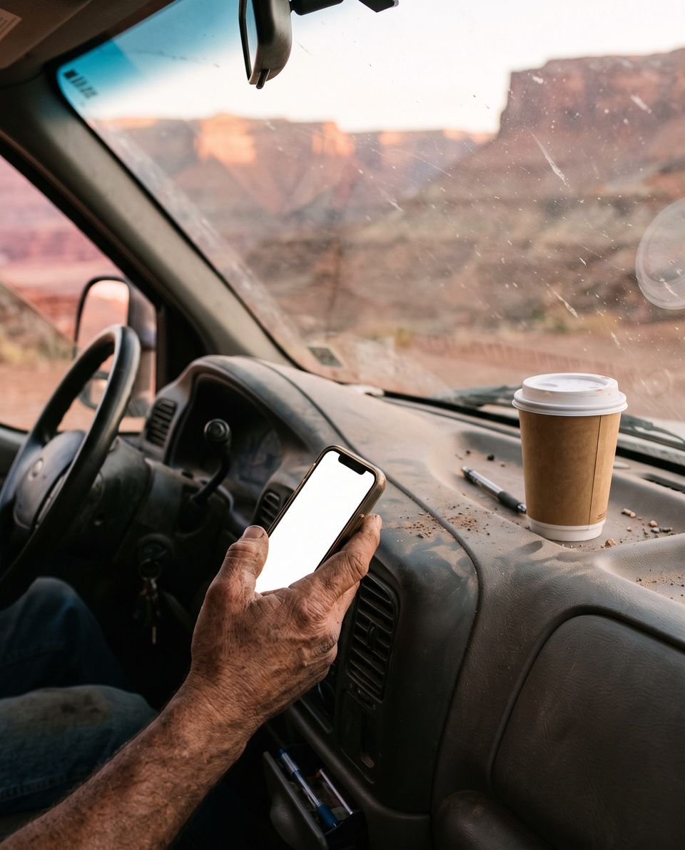 Illustration: a hand holding a phone in a truck, coffee on the dash, red rock outside