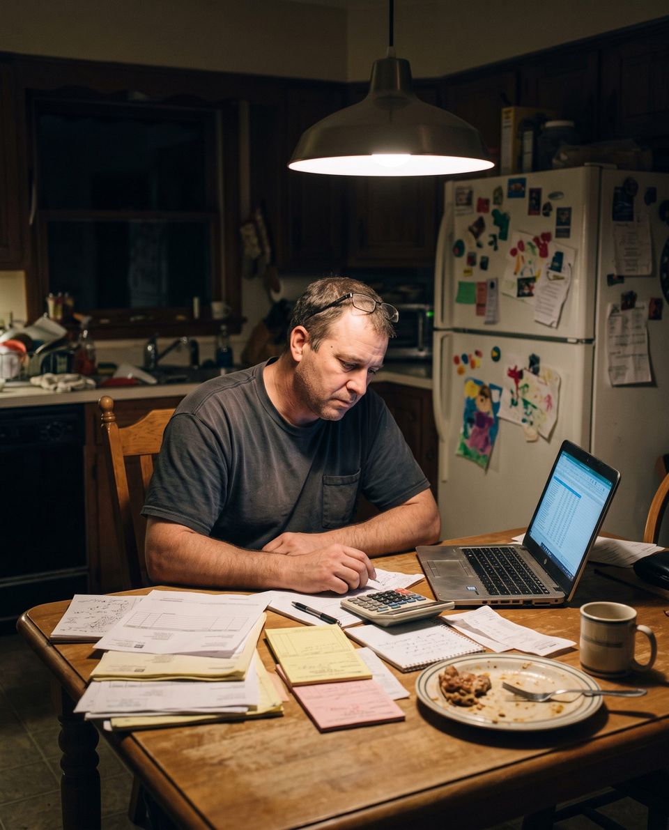 Illustration: a contractor doing paperwork at the kitchen table at night